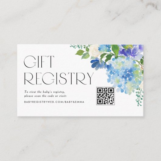 Modern Blue Hydrangea Baby shower QR Code Registry Informatiekaartje (Voorkant)