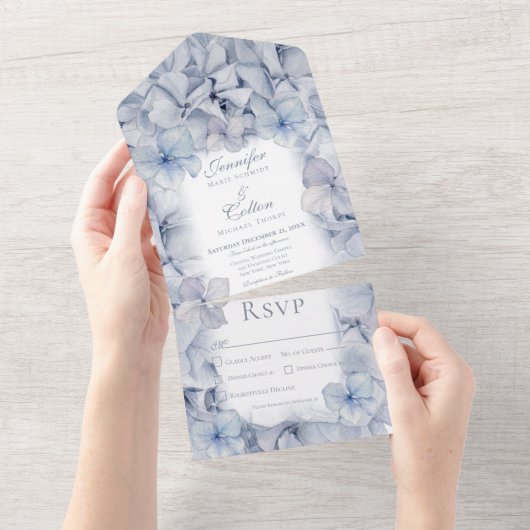 Modern Blue Hydrangea Blooms Blurred Dinner All In One Uitnodiging (Afscheurbaar)