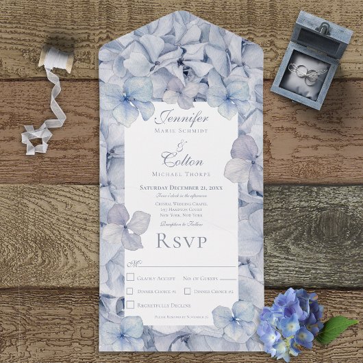 Modern Blue Hydrangea Blooms Dinner All In One Uitnodiging