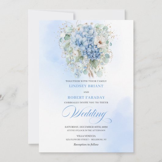 Modern Blue Hydrangea Botanical Wedding Invitation Kaart (Voorkant)