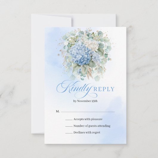 Modern Blue Hydrangea Eucalyptus Wedding RSVP (Voorkant)
