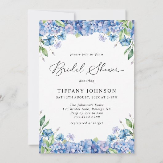 Modern Blue Hydrangea Floral Vrijgezellenfeest Kaart (Voorkant)