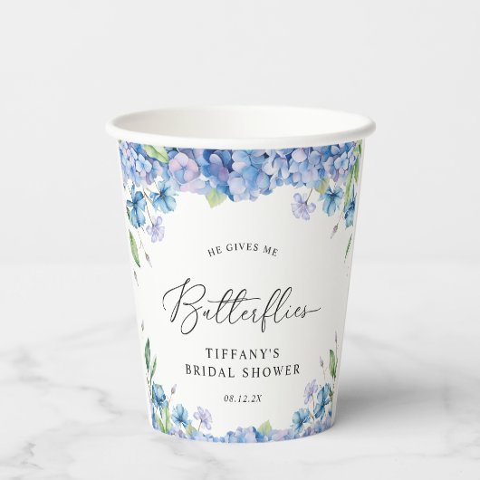 Modern Blue Hydrangea Floral Vrijgezellenfeest Papieren Bekers (Achterkant)