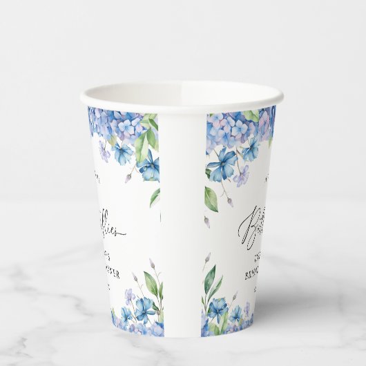 Modern Blue Hydrangea Floral Vrijgezellenfeest Papieren Bekers (Links)