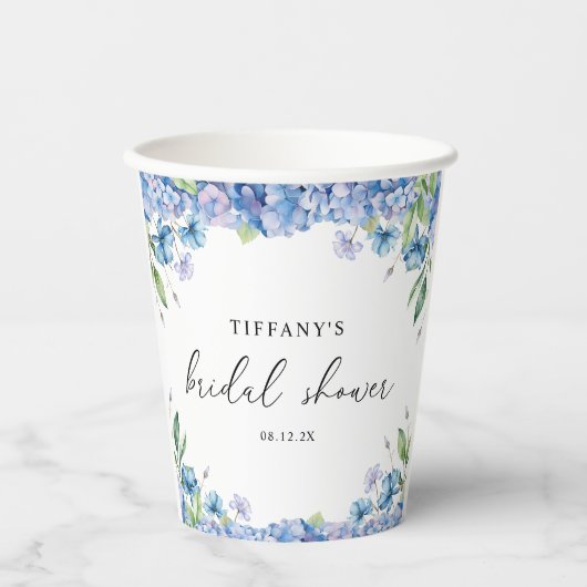 Modern Blue Hydrangea Floral Vrijgezellenfeest Papieren Bekers (Voorkant)