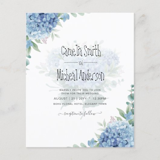 Modern Blue Hydrangea Floral Wedding Invitation (Voorkant)