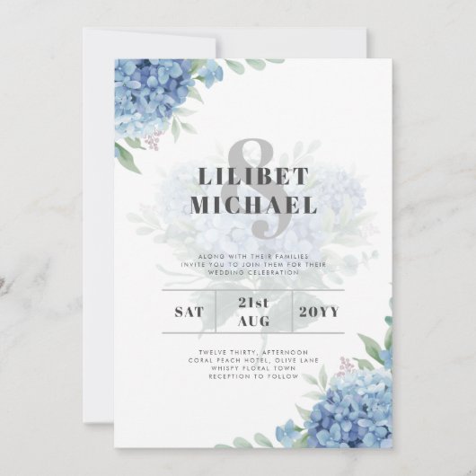 Modern Blue Hydrangea Floral Wedding Invitation (Voorkant)