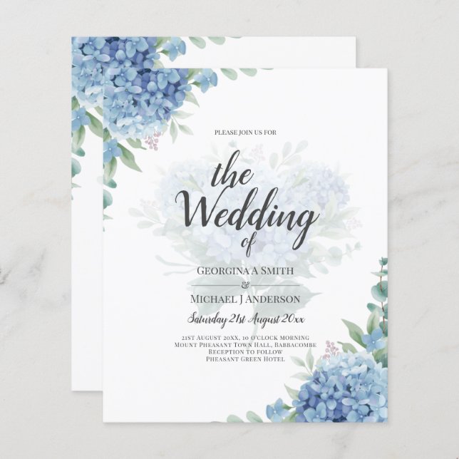 Modern Blue Hydrangea Floral Wedding Invitation (Voorkant / Achterkant)