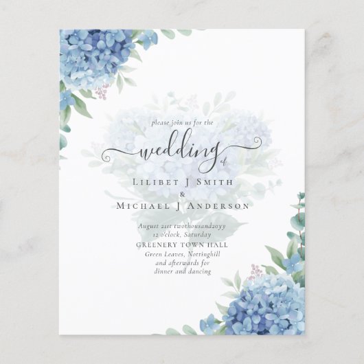 Modern Blue Hydrangea Floral Wedding Invitation Flyer (Voorkant)