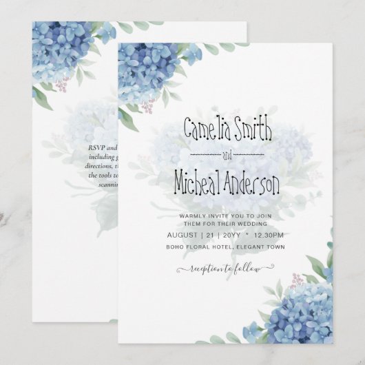 Modern Blue Hydrangea Floral Wedding Invitation Kaart (Voorkant / Achterkant)