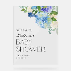 Modern Blue Hydrangea Flowers Baby shower Welkom Acryl Bord