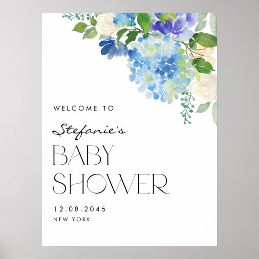 Modern Blue Hydrangea Flowers Baby shower Welkom Poster (Voorkant)
