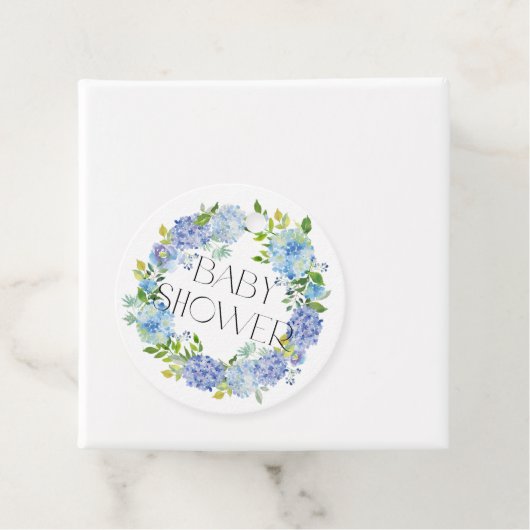 Modern Blue Hydrangea Flowers Krans Baby shower Bedankjes Labels (In situ)