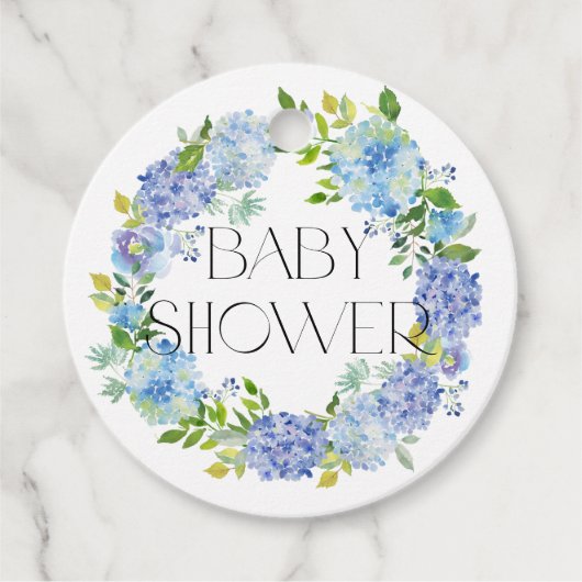 Modern Blue Hydrangea Flowers Krans Baby shower Bedankjes Labels (Voorkant)