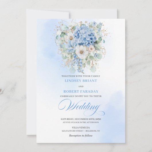 Modern Blue Hydrangea Gold Floral Wedding Invite Kaart (Voorkant)