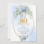 Modern Blue Hydrangea Gold Frame 80th Birthday Kaart (Voorkant)