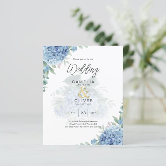 Modern Blue Hydrangea PHOTO Wedding Invitation (Staand voorkant)