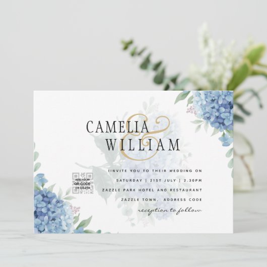 Modern Blue Hydrangea PHOTO Wedding Invitation (Staand voorkant)