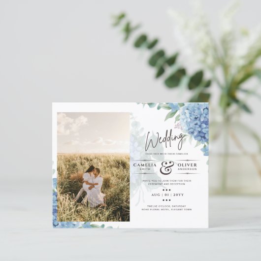 Modern Blue Hydrangea PHOTO Wedding Invitation (Staand voorkant)