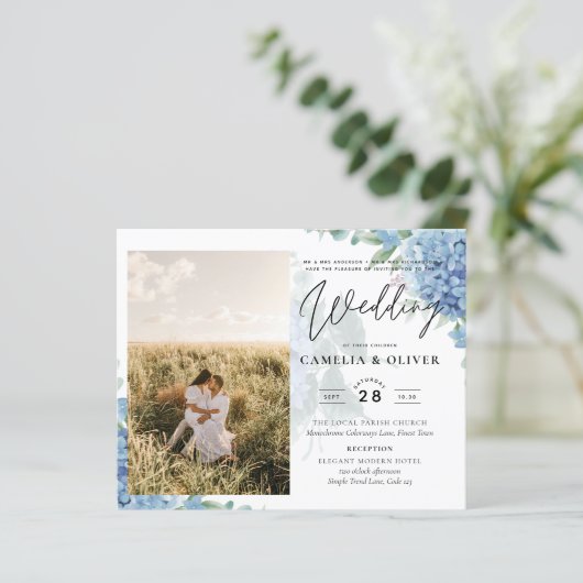 Modern Blue Hydrangea PHOTO Wedding Invitation (Staand voorkant)