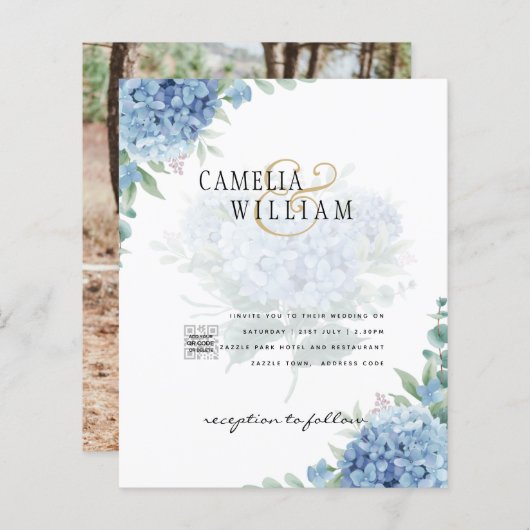 Modern Blue Hydrangea PHOTO Wedding Invitation (Voorkant / Achterkant)