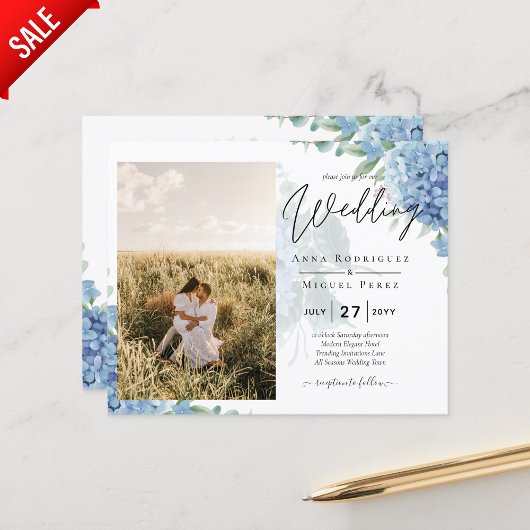 Modern Blue Hydrangea PHOTO Wedding Invitation