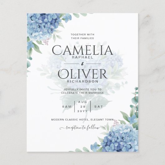 Modern Blue Hydrangea PHOTO Wedding Invitation Flyer (Voorkant)