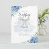 Modern Blue Hydrangea PHOTO Wedding Invitation Kaart (Staand voorkant)