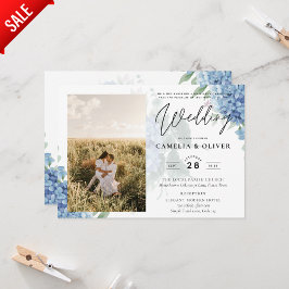 Modern Blue Hydrangea PHOTO Wedding Invitation Kaart