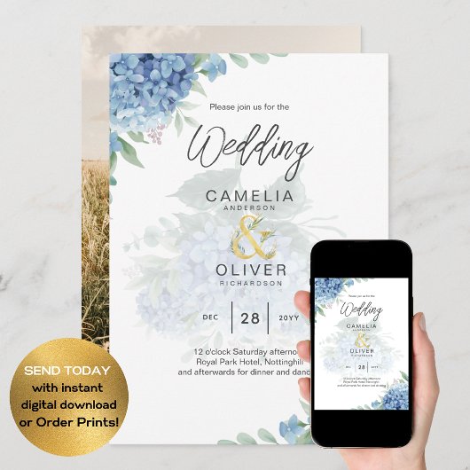 Modern Blue Hydrangea PHOTO Wedding Invitation Kaart