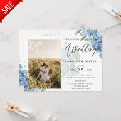 Modern Blue Hydrangea PHOTO Wedding Invitation Kaart