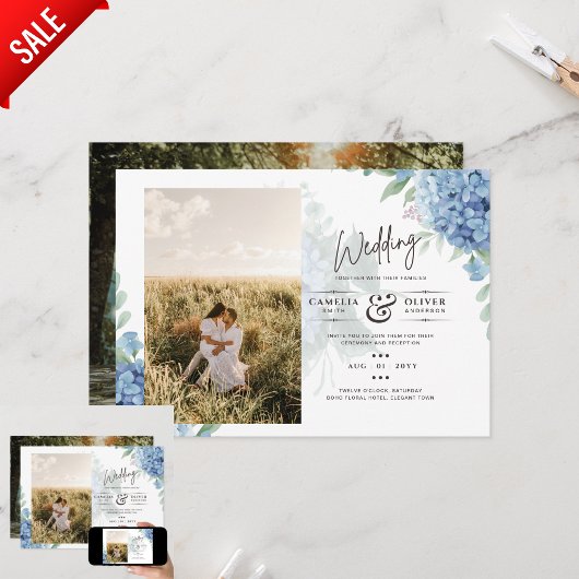 Modern Blue Hydrangea PHOTO Wedding Invitation Kaart