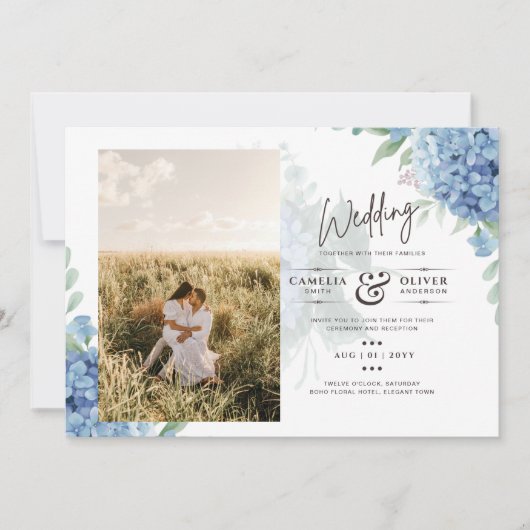 Modern Blue Hydrangea PHOTO Wedding Invitation Kaart (Voorkant)