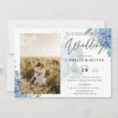 Modern Blue Hydrangea PHOTO Wedding Invitation Kaart (Voorkant)