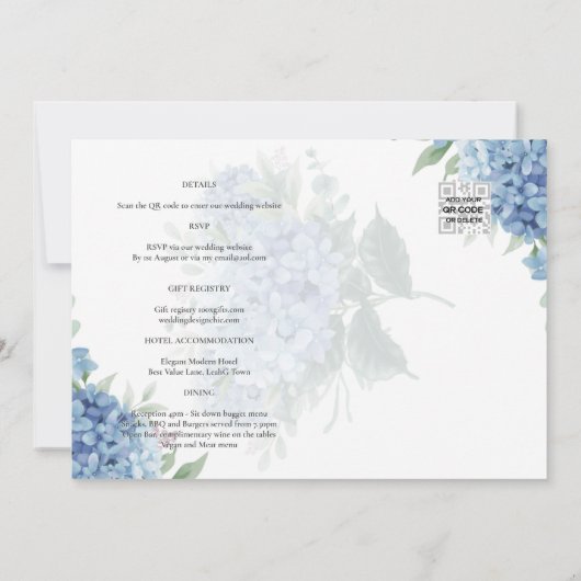 Modern Blue Hydrangea PHOTO Wedding Invitation Kaart (Achterkant)