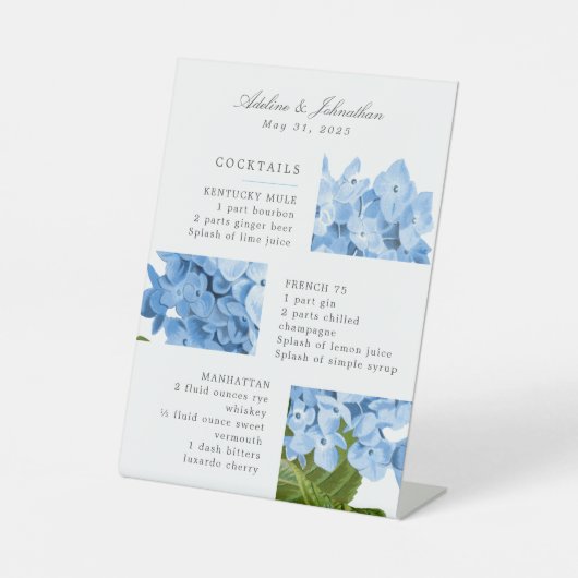 Modern Blue Hydrangea Signature Drink Menu Reclamebord Met Voetstuk (Voorkant)