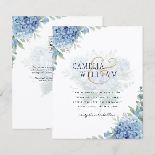 Modern Blue Hydrangea Wedding QR Code (Voorkant / Achterkant)
