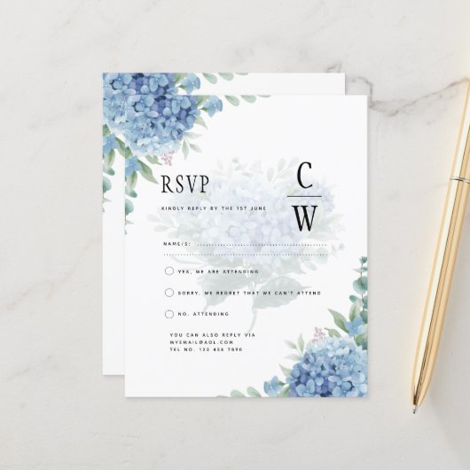 Modern Blue Hydrangea Wedding QR Code (Voorkant / Achterkant in situ)