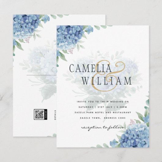 Modern Blue Hydrangea Wedding QR Code Briefkaart (Voorkant / Achterkant)