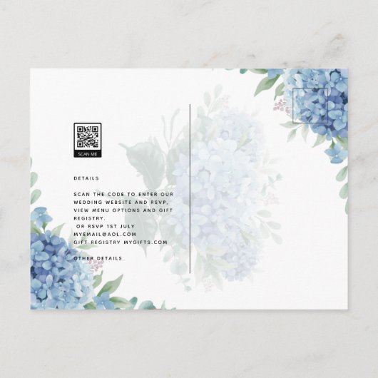 Modern Blue Hydrangea Wedding QR Code Briefkaart (Achterkant)