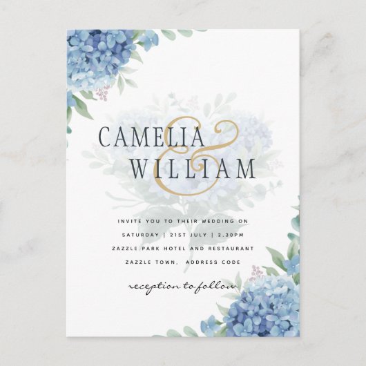 Modern Blue Hydrangea Wedding QR Code Briefkaart (Voorkant)
