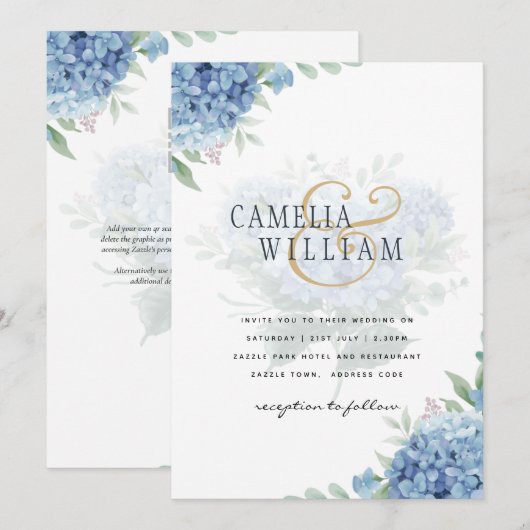 Modern Blue Hydrangea Wedding QR Code Kaart (Voorkant / Achterkant)