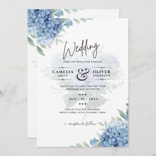 Modern Blue Hydrangea Wedding QR Code Kaart (Voorkant / Achterkant)