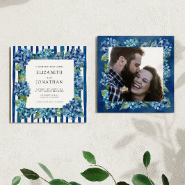 Modern Blue Hydrangeas Stripe Photo Wedding Kaart
