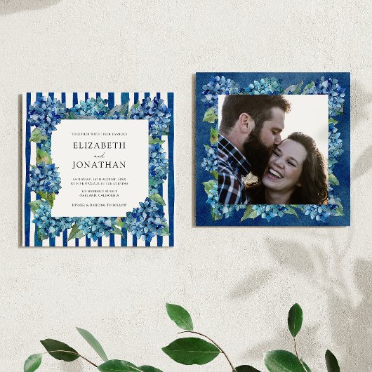 Modern Blue Hydrangeas Stripe Photo Wedding Kaart