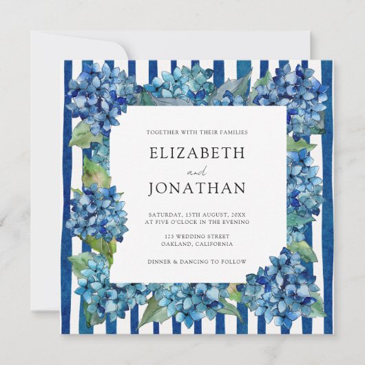 Modern Blue Hydrangeas Stripe RSVP QR Code Wedding Kaart (Voorkant)