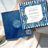 Modern Blue Hydrangeas Stripe RSVP QR Code Wedding Kaart
