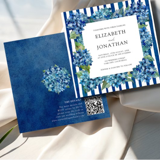 Modern Blue Hydrangeas Stripe RSVP QR Code Wedding Kaart