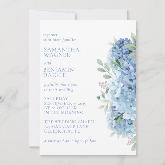 Modern Blue Hydrangeas Waterverf Bloemenbruiloft Kaart (Voorkant)
