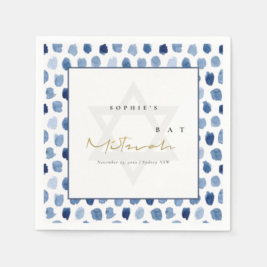 MODERN BLUE INDIGO WATERVERF STIPPEN BAR BAT MITZV SERVET (Voorkant)